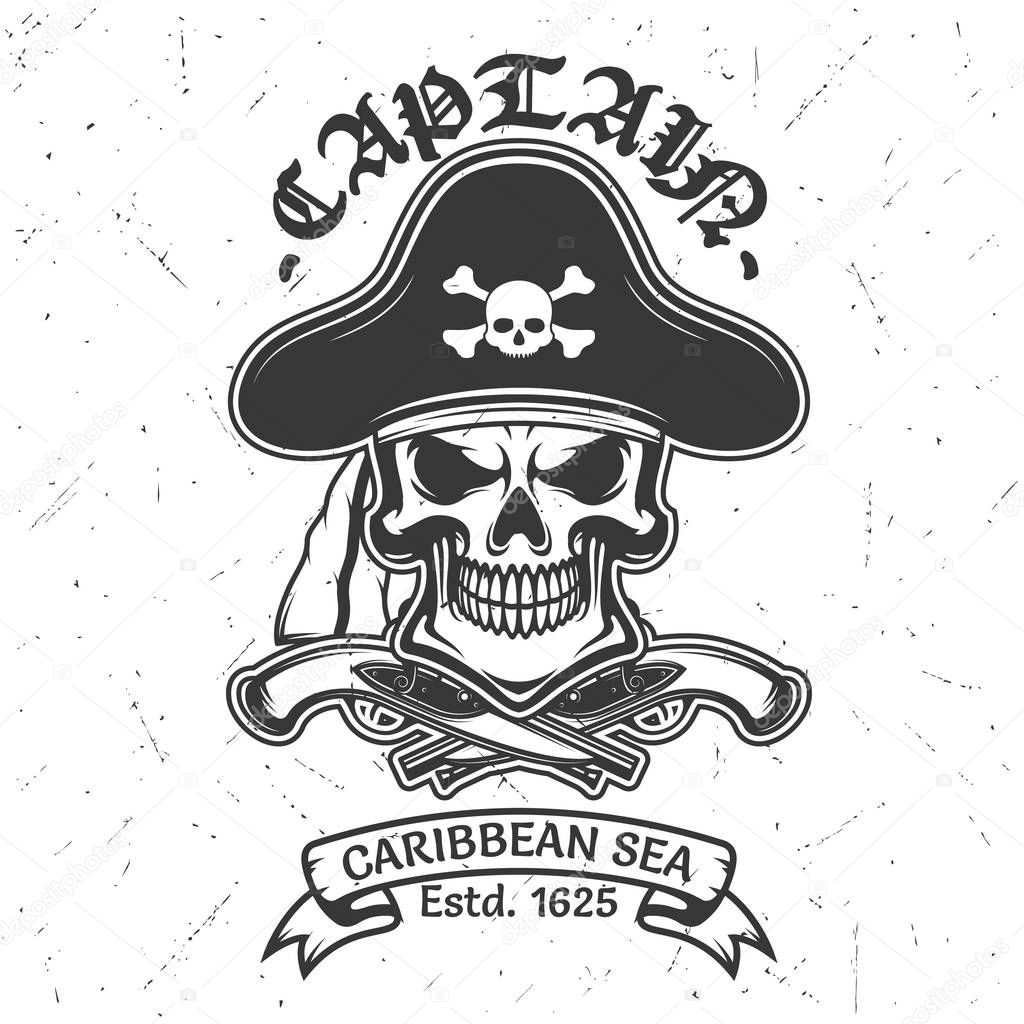 Skull t-shirt print with pirate captain hat, guns