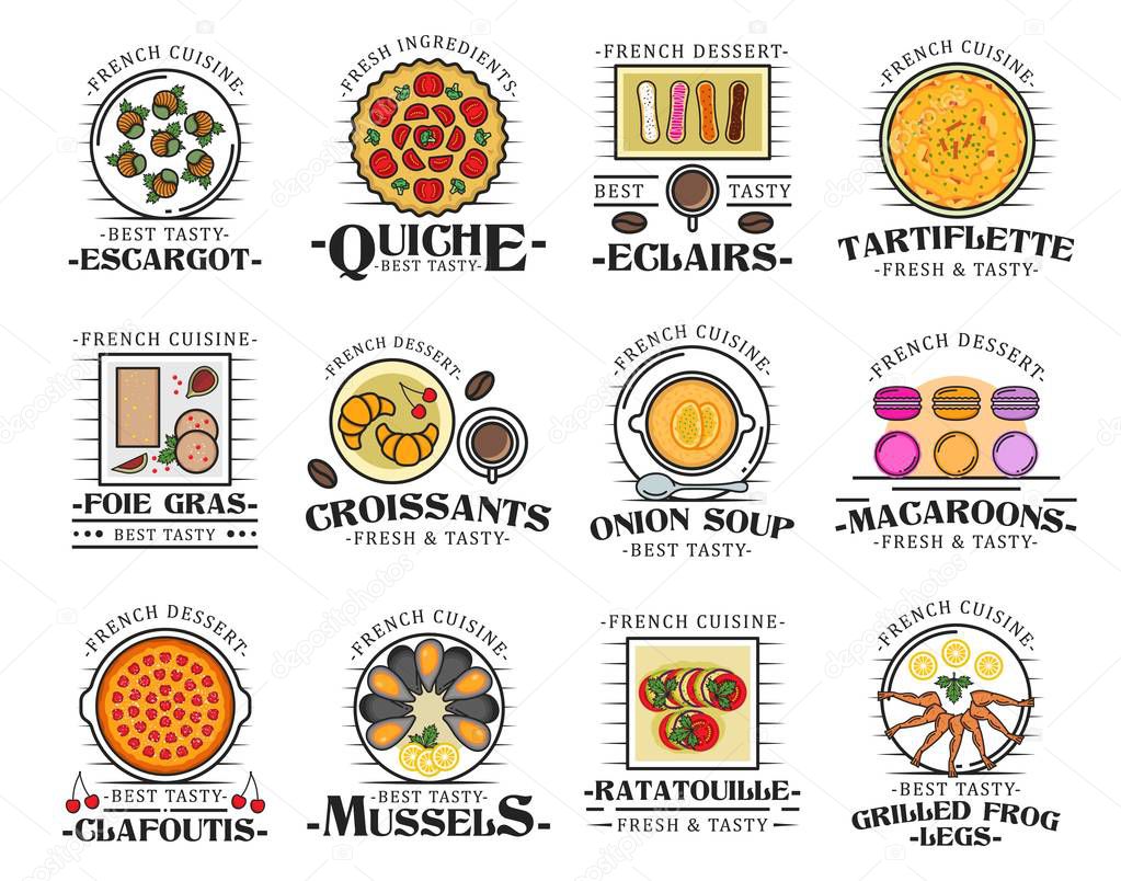 French cuisine dishes with meat, vegetable, seafood and dessert icons. Vector croissant, ratatouille and quiche pie, mussels, clafoutis tart and escargot snails, onion soup, foie gras and macaron