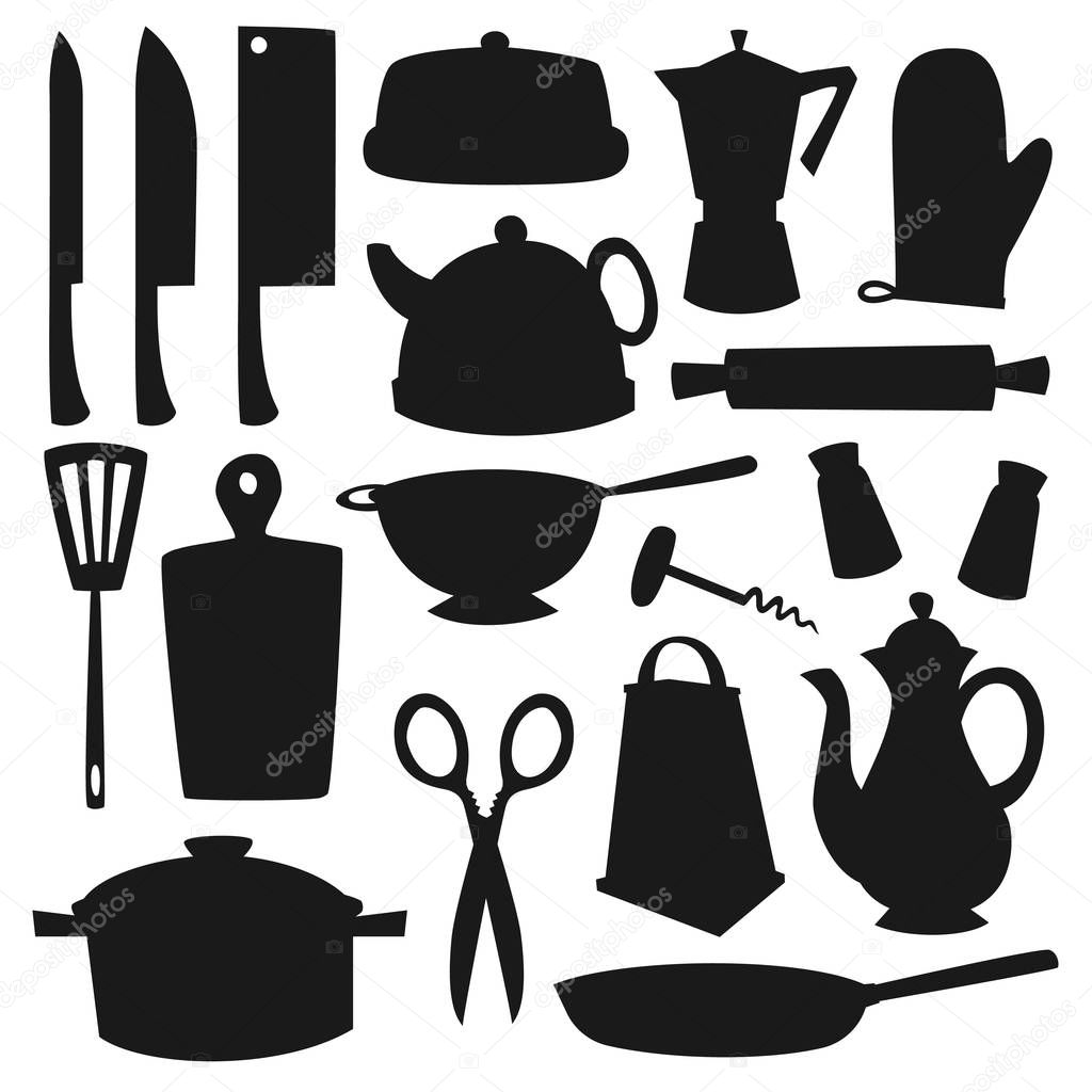 Kitchen utensils, knives, pots, pans and spatula