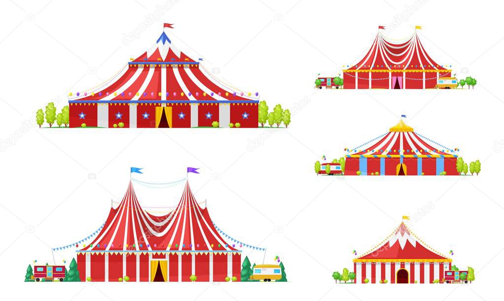 Circus big top tents, carnival marquees with flags