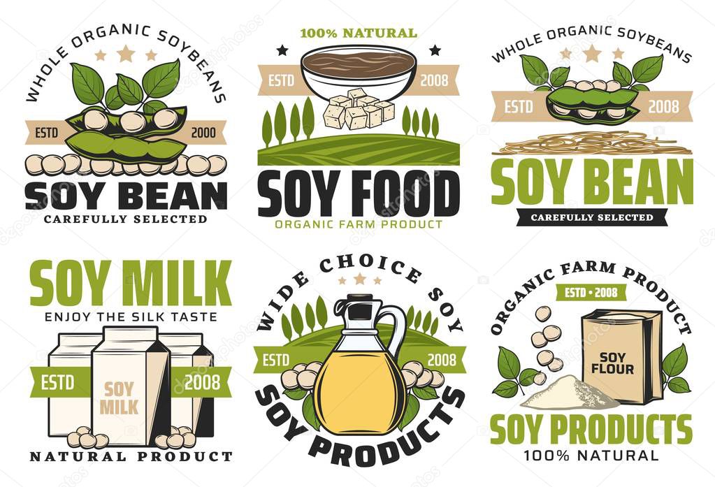 Soybean food vector badges of soy beans, feta and milk packs, oil bottle, bowl of miso pasta and sauce, flour and noodles. Soya plant product emblems design with green leaves and pods, healthy food