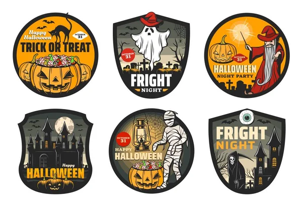 Badge di Halloween di mummia, fantasma, zucca, pipistrelli — Vettoriale Stock