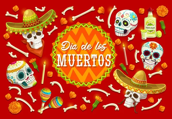 Dia de los Muertos, цукрові черепи, квітка. — стоковий вектор