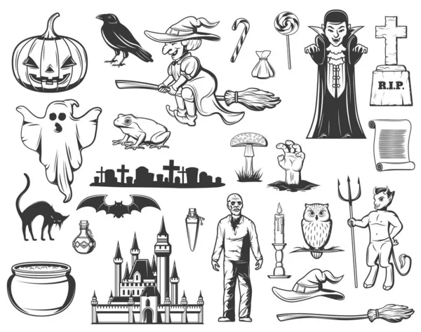 Bruxa de Halloween, fantasma, abóbora. Ícones de monstro — Vetor de Stock