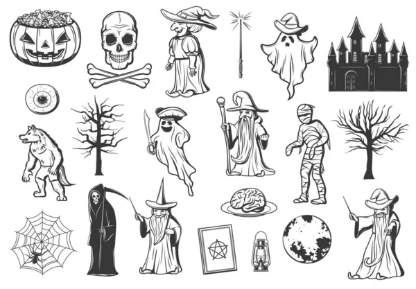 Monstruo de Halloween iconos de fantasma, bruja, calabaza — Archivo Imágenes Vectoriales