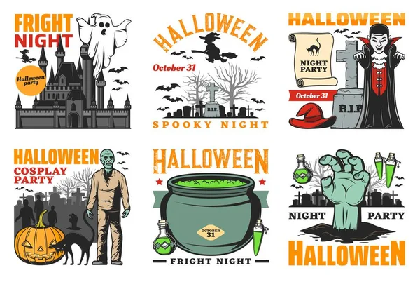 Halloween fantasma, vampiro, bruxa e ícones de zumbis — Vetor de Stock