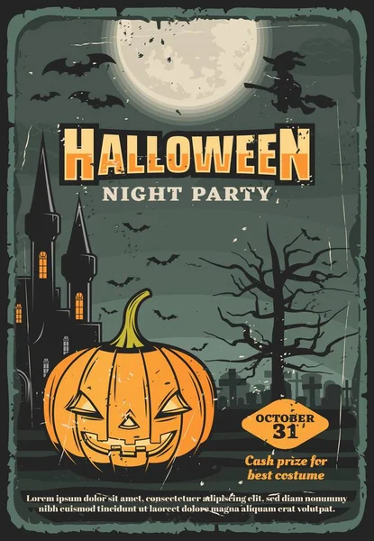 Halloween pumpa med häxa, fladdermöss och måne — Stock vektor