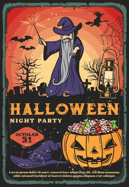 Wizard, witch and Halloween pumpkin on graveyard — Stock Vector