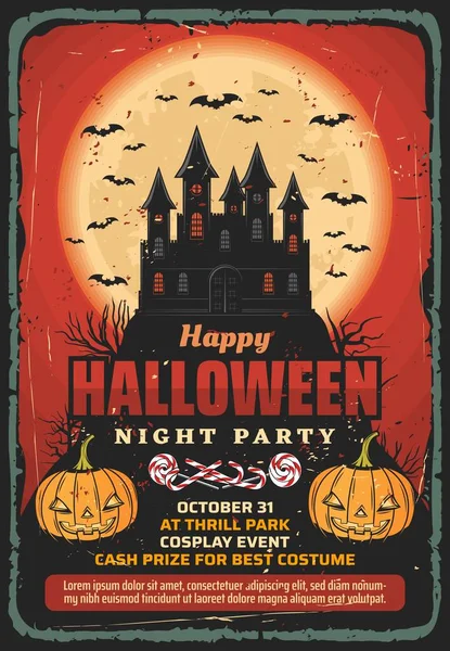 Хэллоуинский дом с привидениями, тыквы и летучие мыши — стоковый вектор