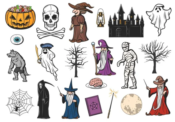 Fantasma de Halloween, bruja, momia e iconos de calabaza — Archivo Imágenes Vectoriales