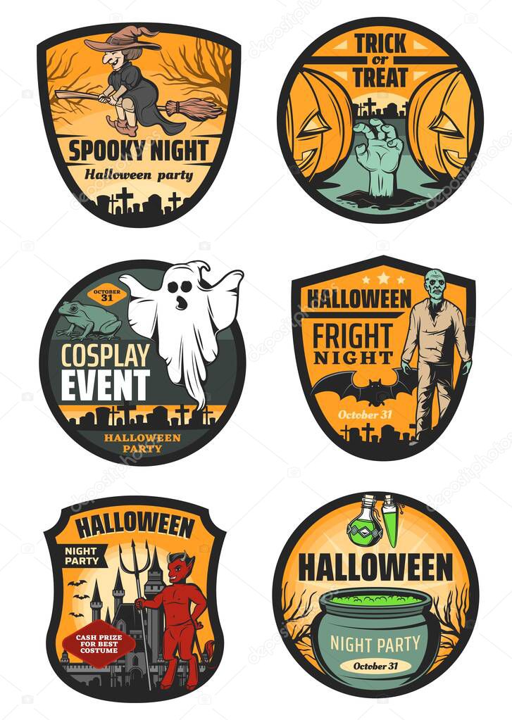 Halloween monster badges of horror night party vector design. Spooky ghost, pumpkin and witch with broom, bat, zombie and devil demon, potion cauldron, graveyard, haunted house and gravestone icons