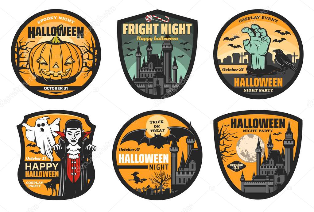 Halloween vector badges with spooky pumpkin, ghost and bats, witch, black cat and zombie hand, moon, haunted house and creepy graveyard trees. Halloween trick or treat night party emblems design