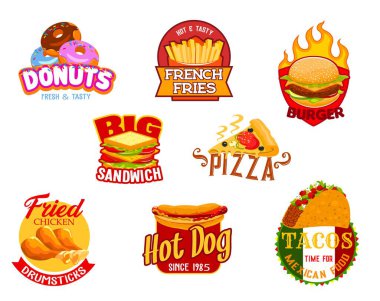 Fast food hamburger, pizza, taco, sosisli sandviç ikonları.