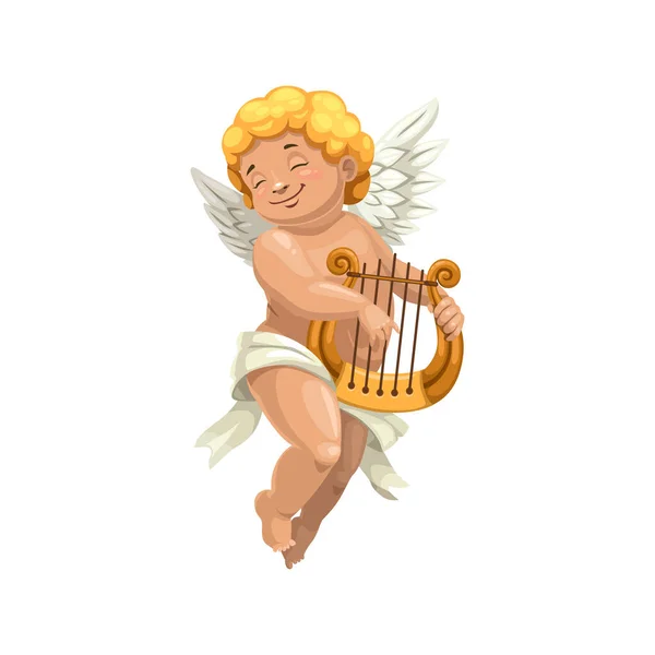 Kupidyn skrzydlaty chłopiec gra na harfie izolowane — Wektor stockowy