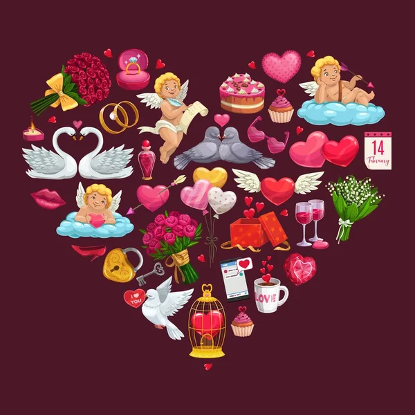 Coeur Saint Valentin, Cupidons, alliances, cadeaux — Image vectorielle