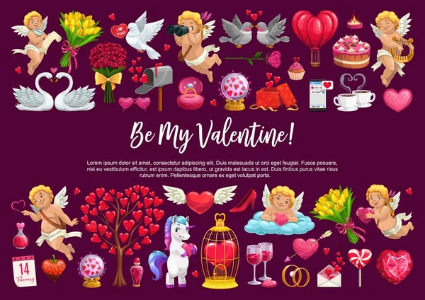 Sii il mio San Valentino, ama i cuori e gli angeli cupidi — Vettoriale Stock