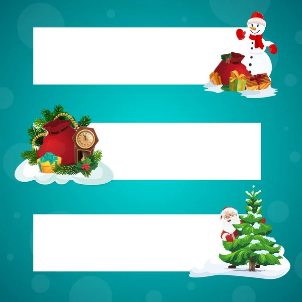 サンタ、雪だるま、クリスマスの贈り物。クリスマスバナー — ストックベクタ