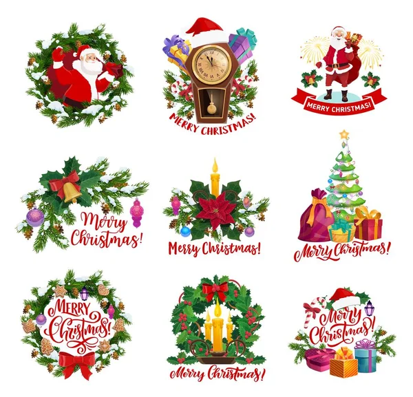 Christams icons with Santa, gifts, New Year wreath — Stock Vector