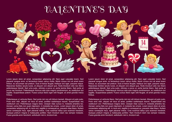 День святого Валентина подарки, любовь сердца, торт и Cupids — стоковый вектор