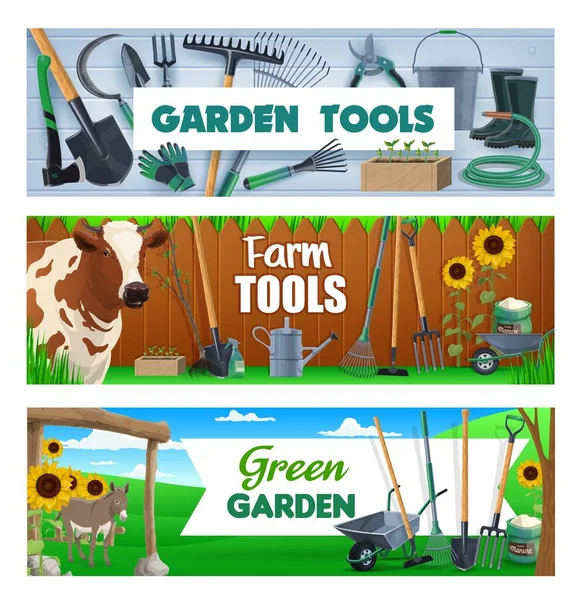 Zahradní lopata, vidlička, hrábě a kýblu. Zemědělské nástroje — Stockový vektor