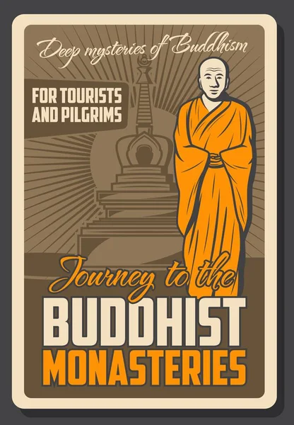 Буддийский монастырь, монах и ступа — стоковый вектор