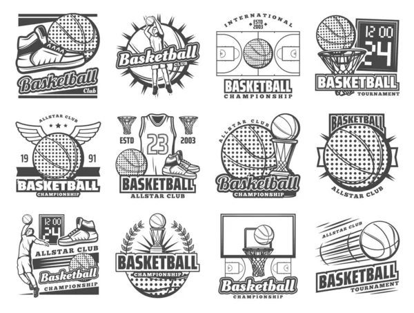 Basketball sport, players, item icons — Stock Vector