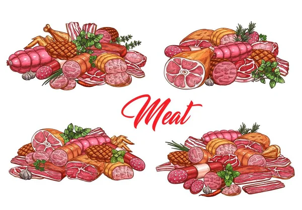 Macelleria carne, salsicce schizzo — Vettoriale Stock