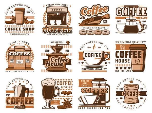 Tazze di caffè, fagioli, macinacaffè e icone crema — Vettoriale Stock