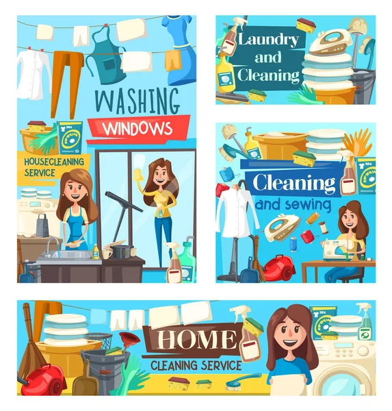 Limpeza de casa, lavanderia, serviço de costura —  Vetores de Stock
