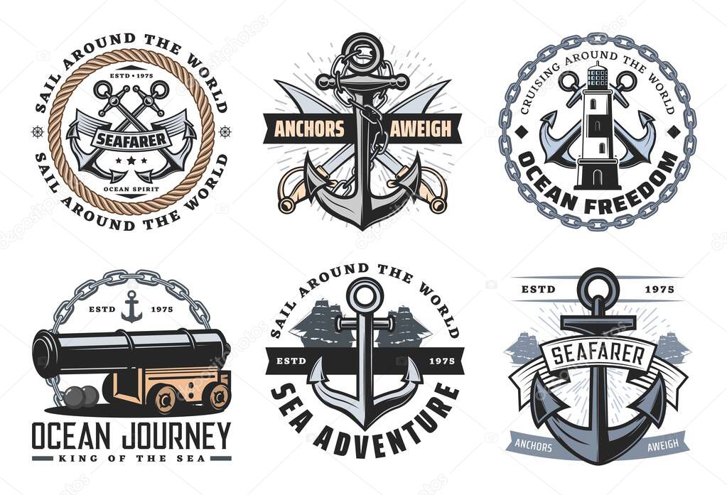 Nautical ship icons, ocean spirit and anchors aweigh quotes. Vector marine heraldic symbols of frigate cannon and crossed pirate swords, boat anchor rope and lighthouse, ocean adventure