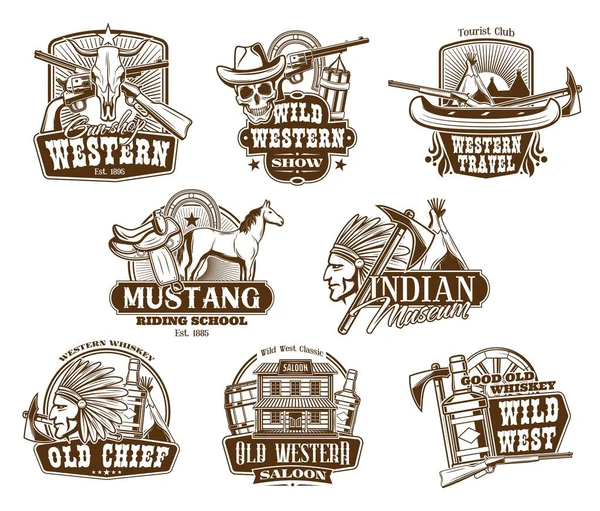 Oeste selvagem, ícones ocidentais americanos —  Vetores de Stock