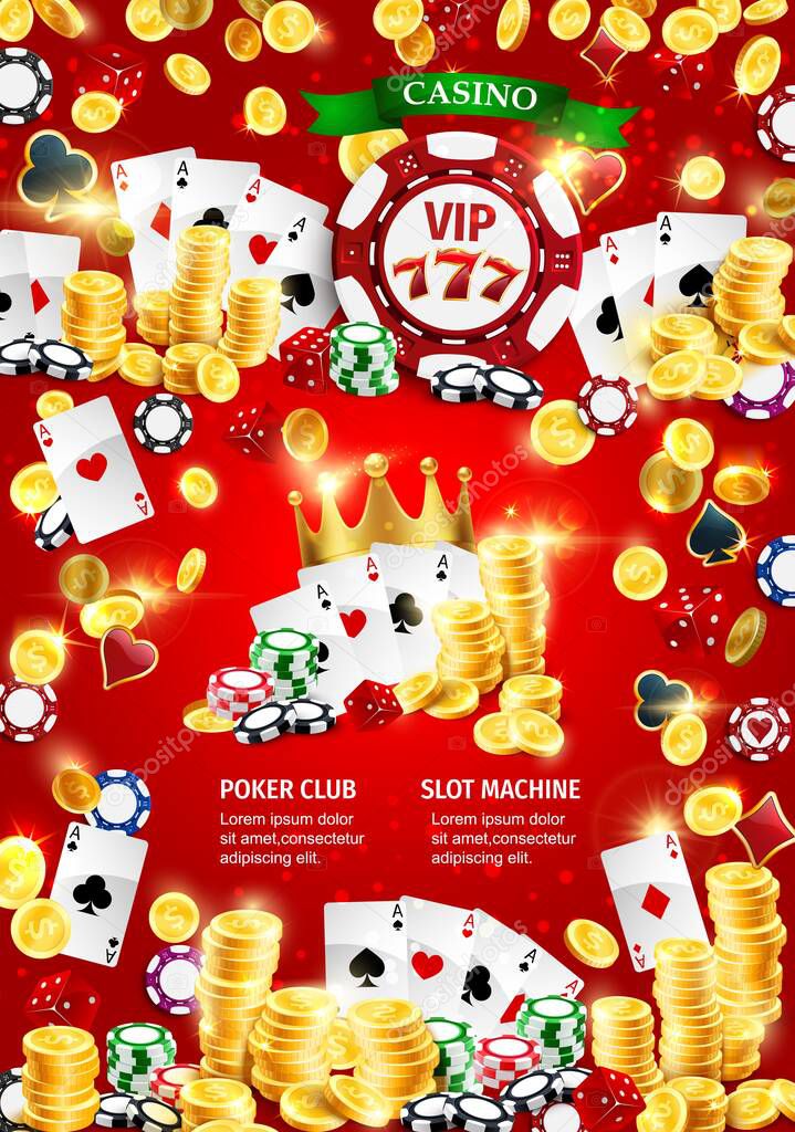 Casino poker cards, golden coins, gambling dice and chips. Vector casino Vegas royal poker game gamble cards, 777 slot machine big win cash