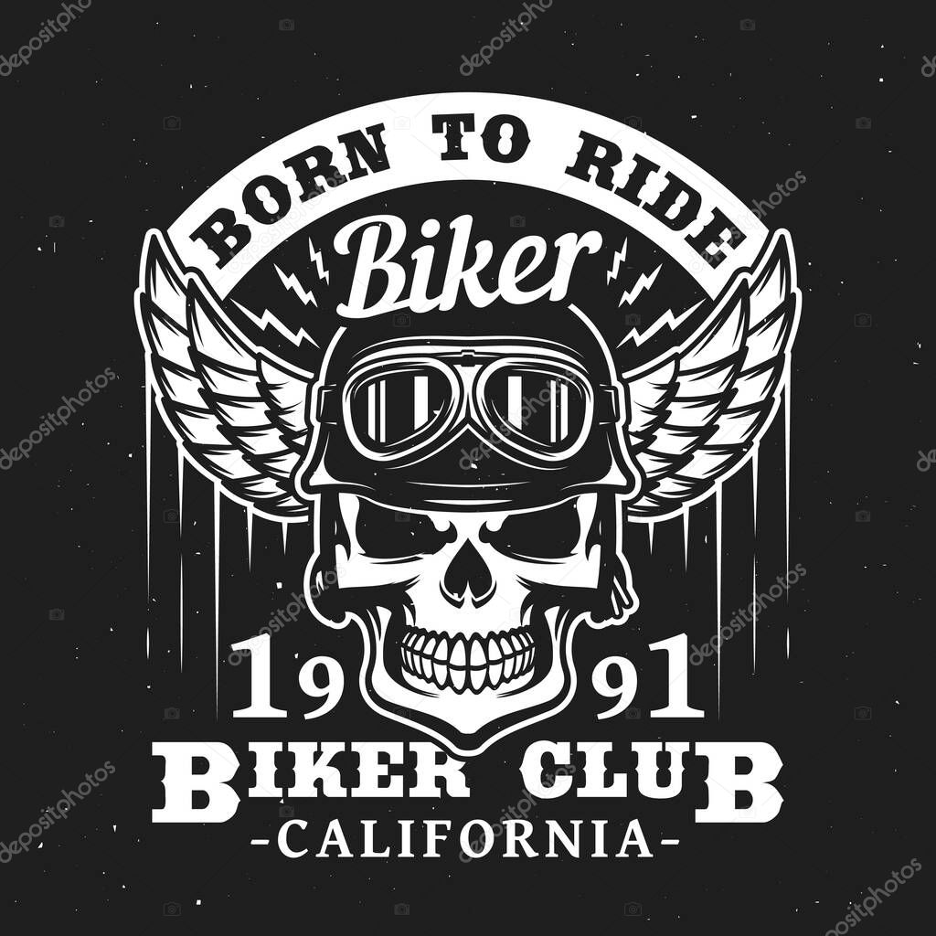 California biker club, skull in helmet with wings