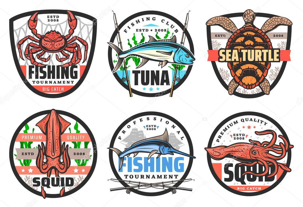 Fishing club, big fish and catch tournament icons or labels. Vector fisher equipment tackles, rods and lures for sea crab, ocean tuna and turtle, fishing sport tournament and fisherman hobby