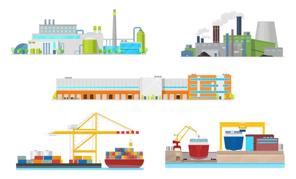 Planta, fábrica, almacén, puerto y astillero — Vector de stock