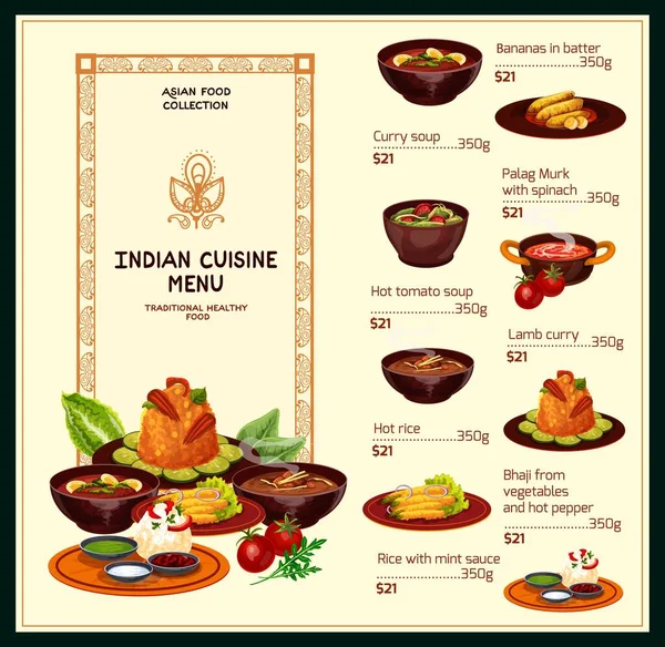 Индийская кухня, меню традиционных блюд — стоковый вектор
