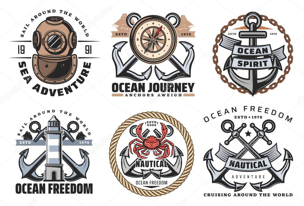 Vector marine heraldic symbols and labels of crossed anchors, lighthouse and vintage aqualung, compass and red giant crab. Ship anchor, ocean spirit and anchors aweigh quotes in maritime icons