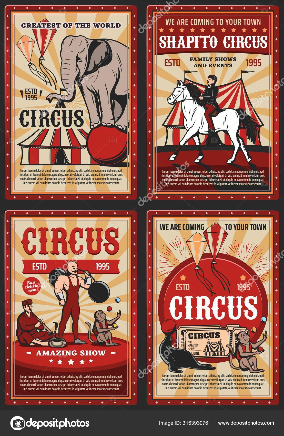 Top grande de circo, animales de carnaval y hombre fuerte Vector de stock  #316393076 de ©VectorTradition, image size:1108x1700