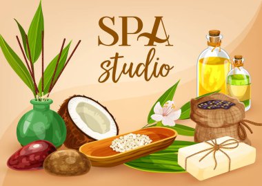 Spa salonu masaj yağı, sauna sabunu ve banyo tuzu.