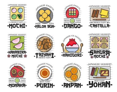 Japon tatlıları. Mochi kekleri, kavun tavası, taiyaki.