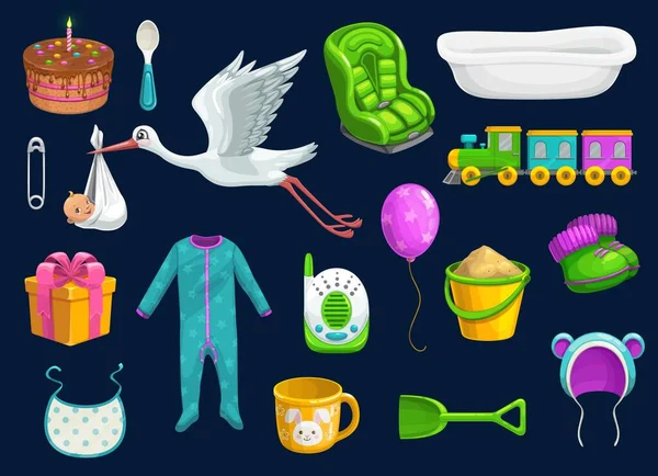 Ikony dětských předmětů. Hračky, pohár, lžíce, bryndáček a čáp — Stockový vektor