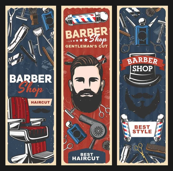 Silla de barbería, maquinillas de afeitar, postes y hombre con barba — Archivo Imágenes Vectoriales