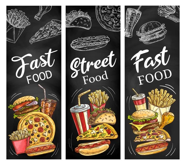 Fast food burgers, hot dogs, soda drink and pizza — Stock Vector