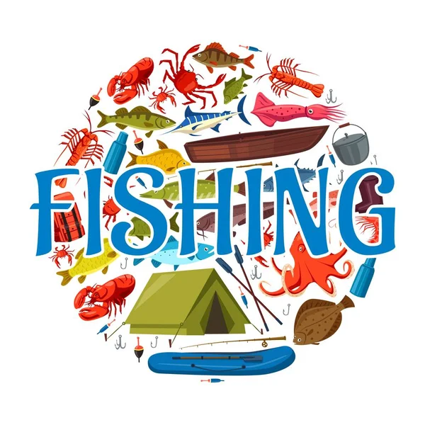 Fiskebåt, spö, fisk och fiskeutrustning — Stock vektor