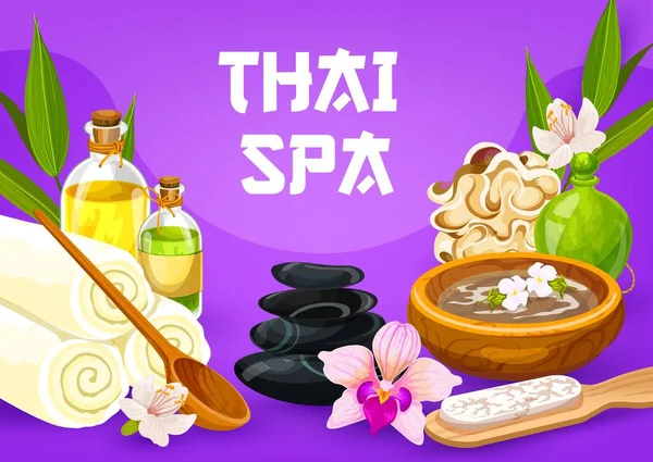 Thai massage spa oil and stones, towels and sponge — Stock Vector