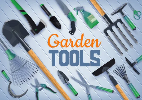 Zahradní lopata, vidlička, sekera, nůžky. Zemědělské nástroje — Stockový vektor