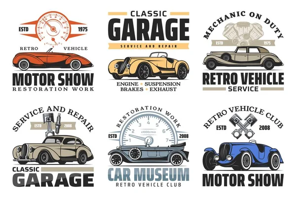Car service station, vintage επίδειξη αυτοκινήτων — Διανυσματικό Αρχείο