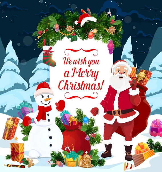 Père Noël, bonhomme de neige et cadeaux de Noël. Carte de voeux — Image vectorielle