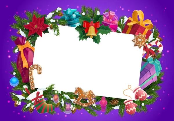 Weihnachtsrahmen aus Weihnachtsbaum, Geschenken und Glocke — Stockvektor