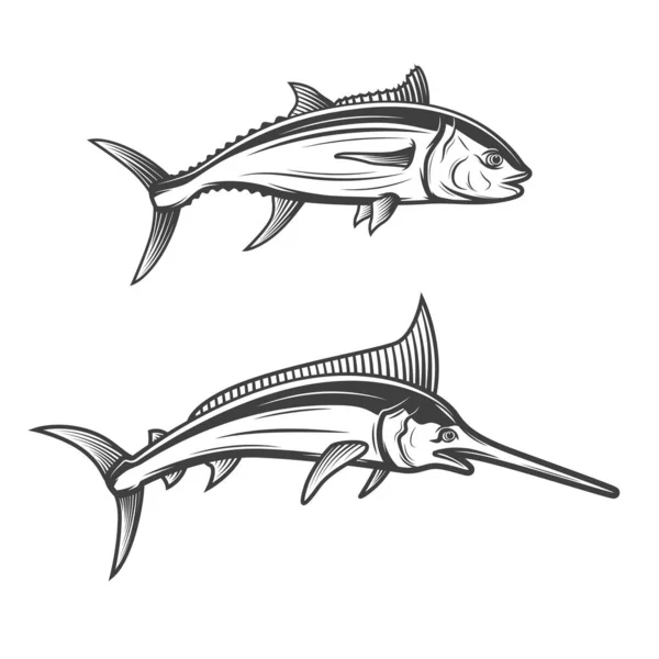Swordfish and tuna isolated monochrome icons — Stock Vector